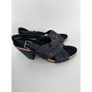 Eileen Fisher Heeled Sandals Women 9 Black Woven Leather Slingback Cork